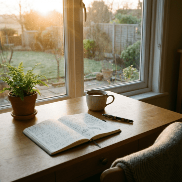 An open journal and mug on a desk bathed in golden morning light by a window.